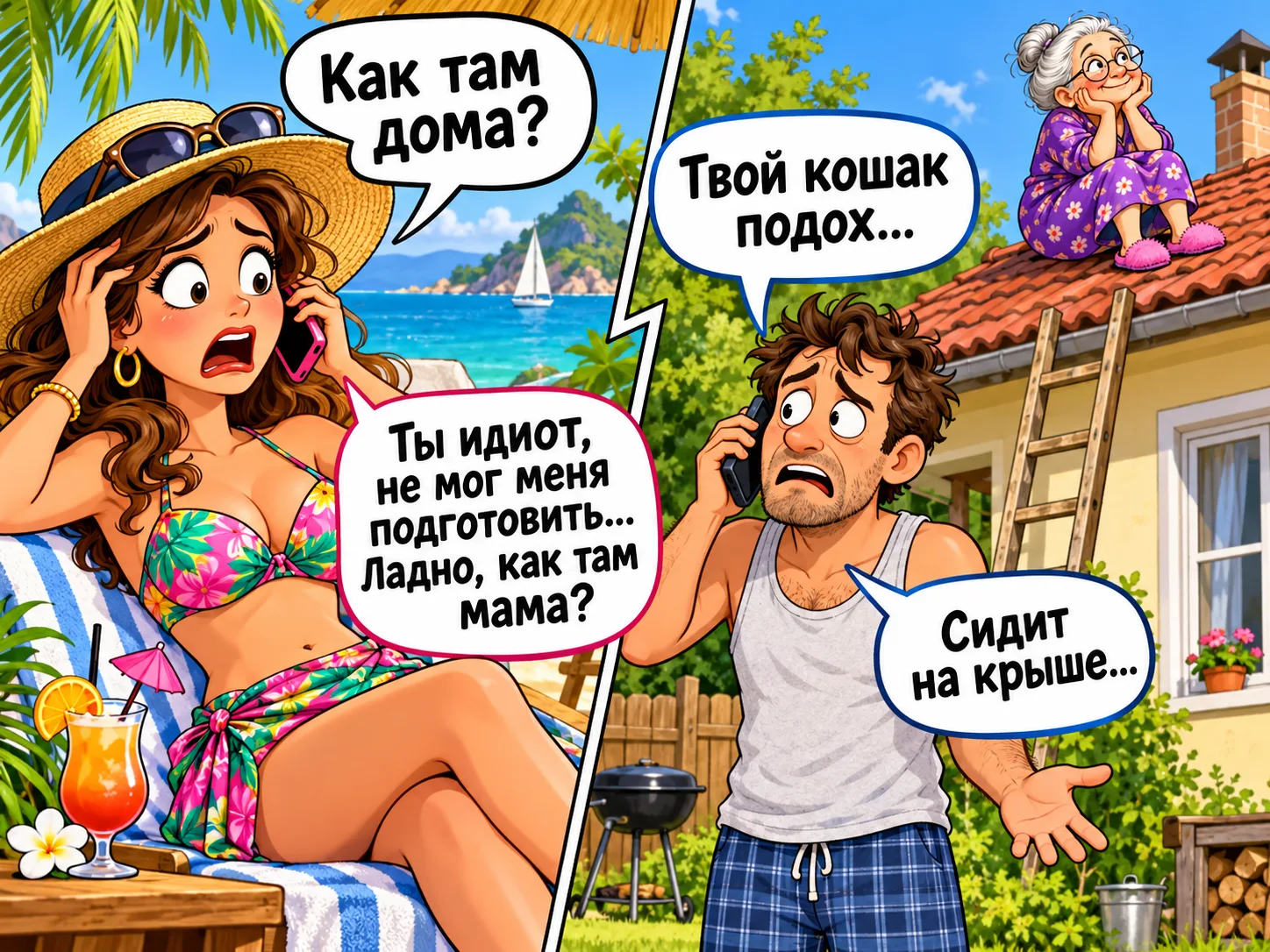 Жена звонит мужу с курорта, спрашивает, как там дома…