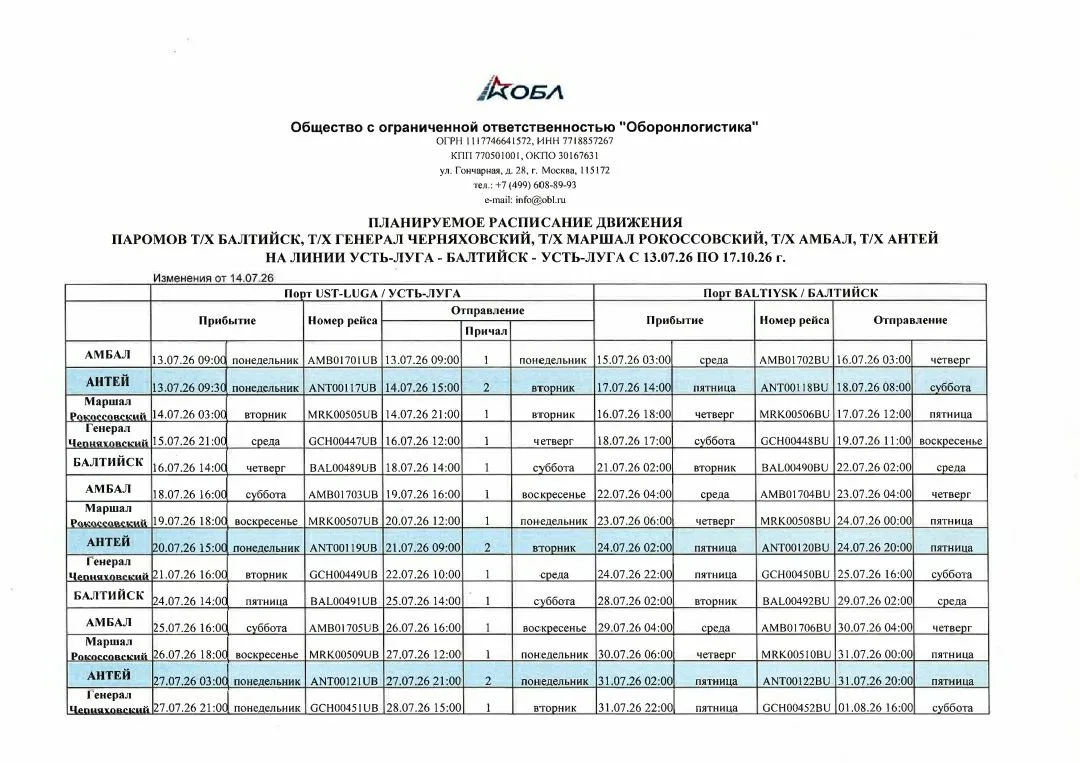 Расписание паромов, работающих  на линии "Усть-Луга  - Балтийск" с 14.07.2026.