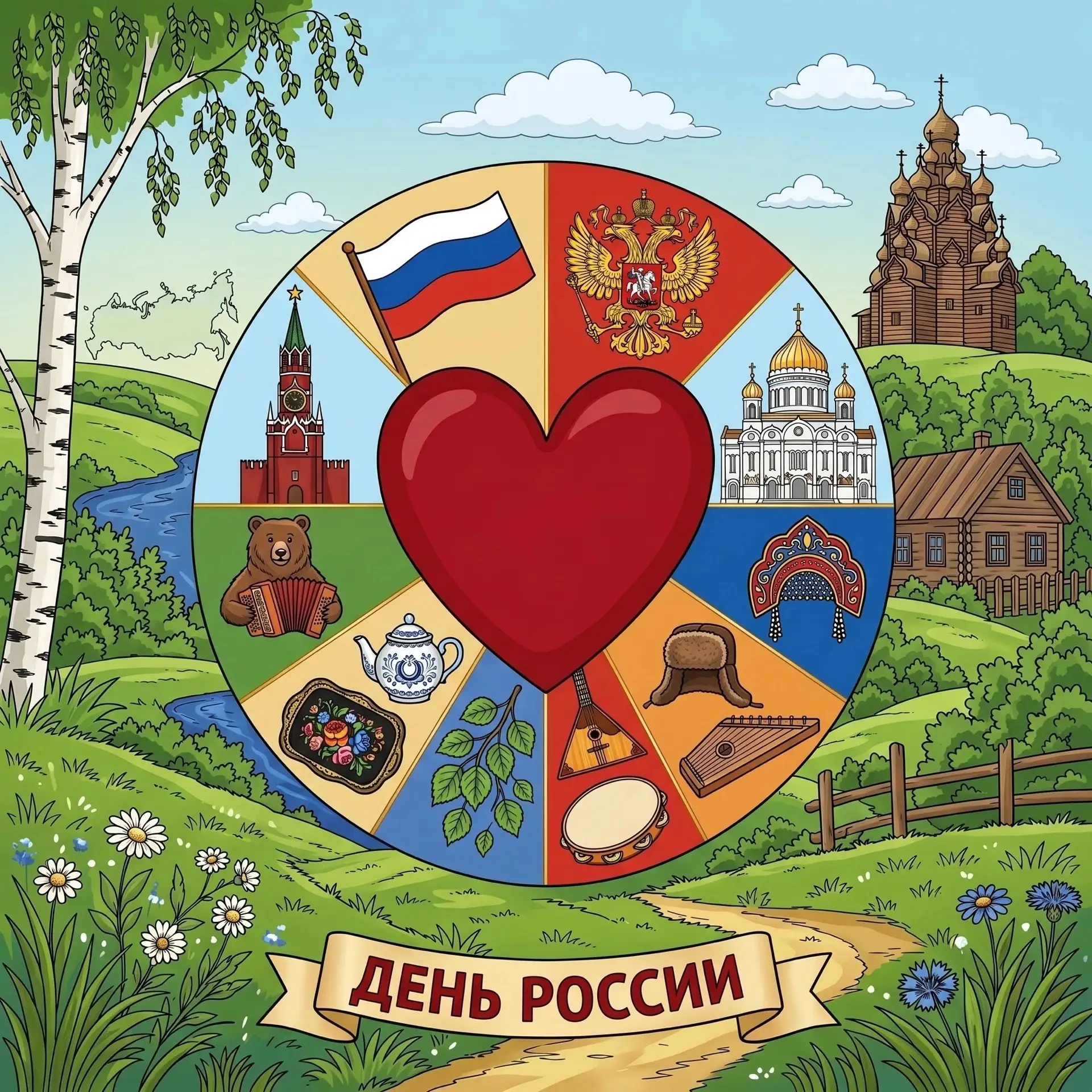 Раскраска-круг с символами нашей страны.🐻🥞🎋🪗
#раскраски 
Источник 
Подготовишка