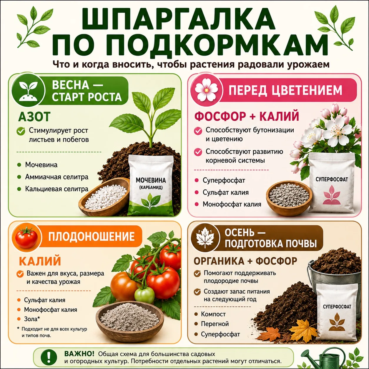 📌 Какие удобрения нужны растениям

Удобная шпаргалка когда и что вносить, чтобы растения радовали у