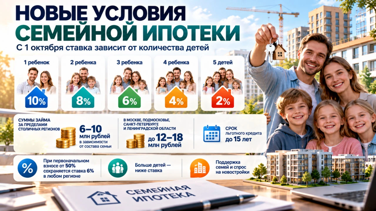 С 1 октября в России заработали новые условия семейной ипотеки. Теперь ставка зависит о...