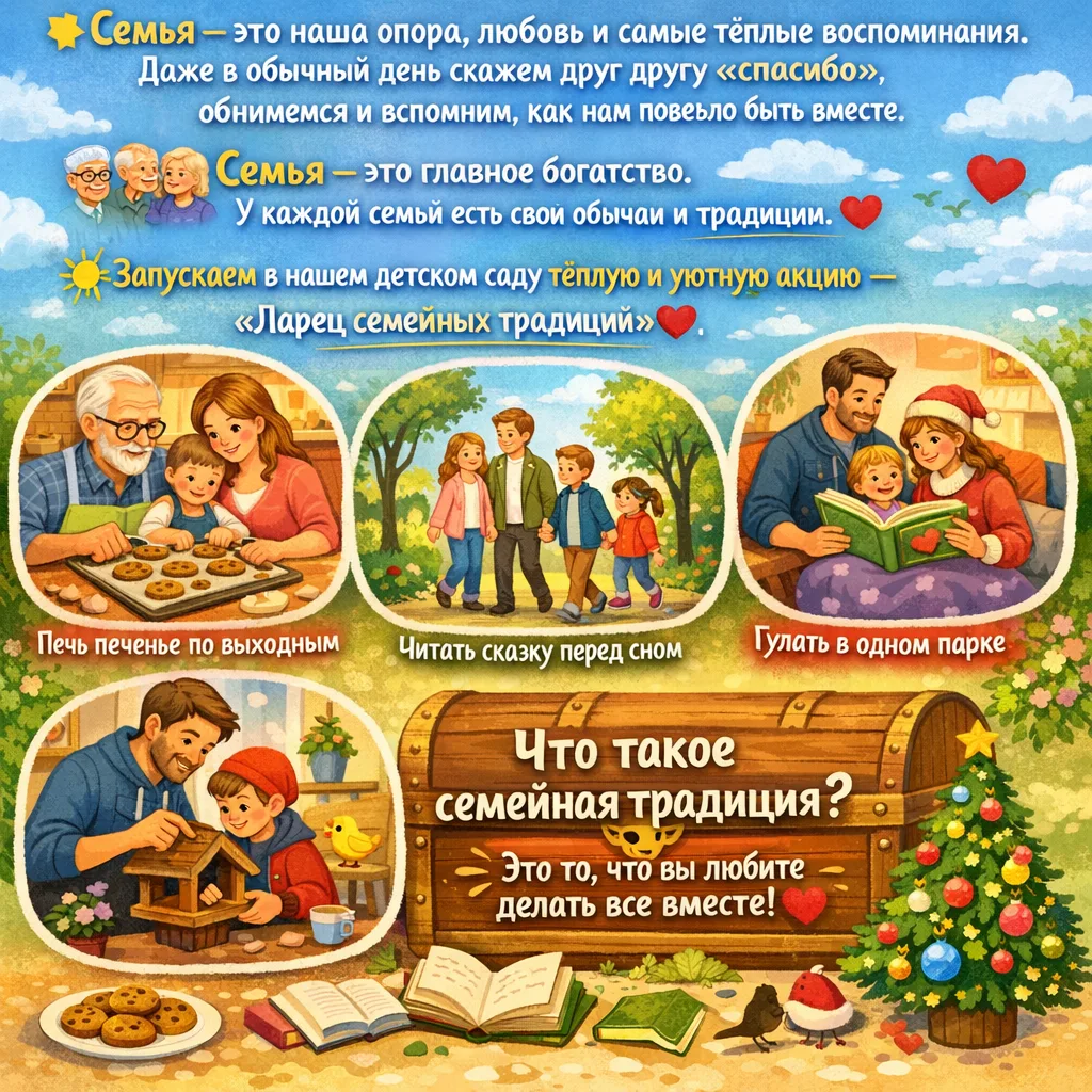 Запускаем в нашем детском саду тёплую и уютную акцию — «Ларец семейных традиций»❤.

☀Что такое семей