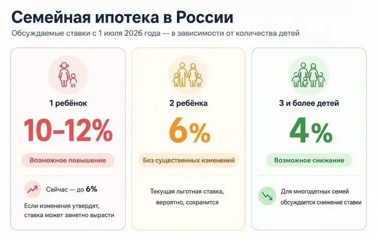 💸 В Минстрое предложили привязать ставку семейной ипотеки к числу детей

📊 За одного ребёнка — 10–