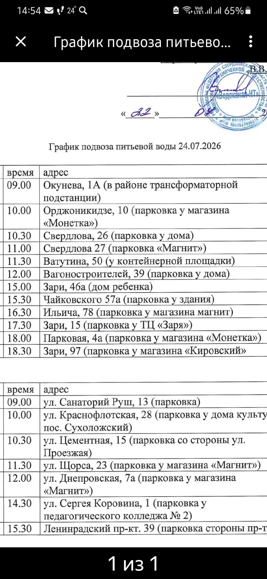 График подвоза воды  24.07.26