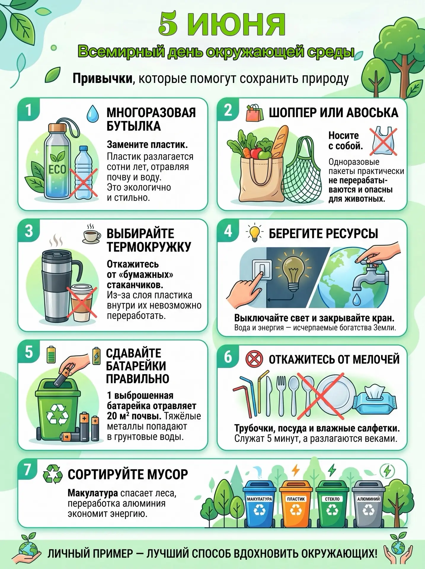 🌍 Маленькие шаги — большой вклад в будущее планеты

5 июня во всём мире отмечается День окружающей 