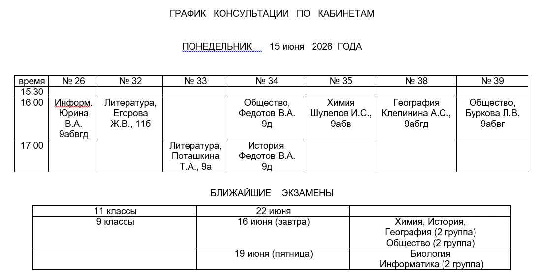 Консультации сегодня (понедельник, 15 июня)