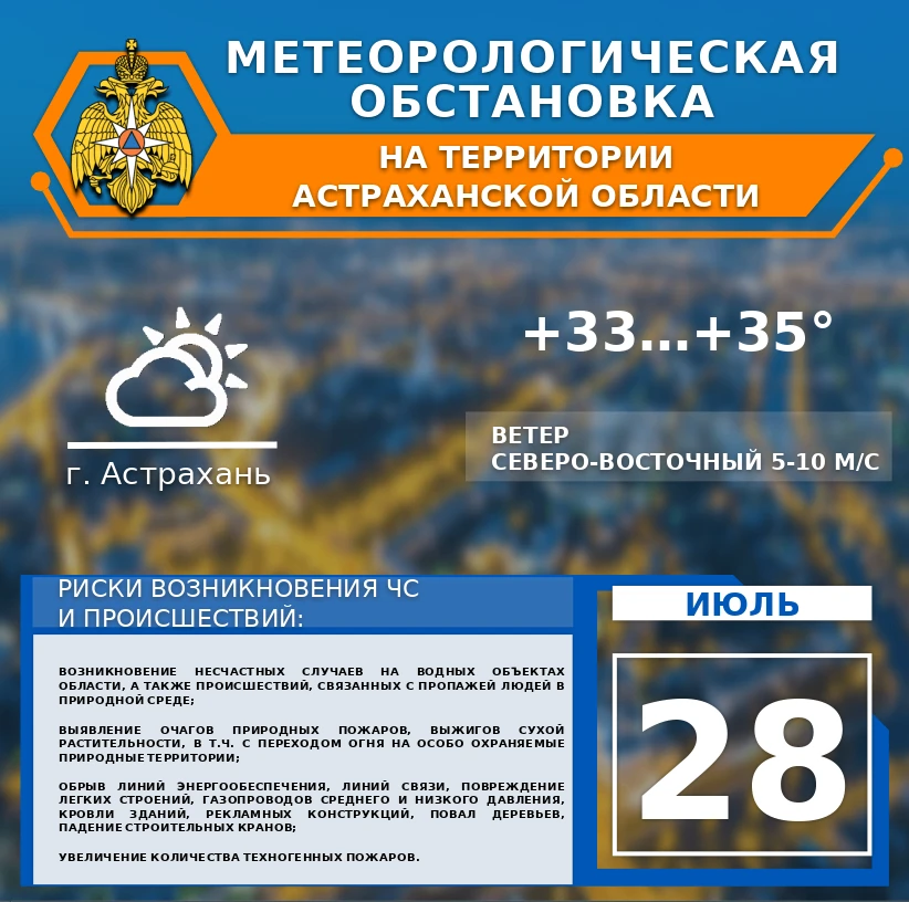 Метеорологическая обстановка на 28 июля

☀️На территории Астраханской области небольшая облачность.
