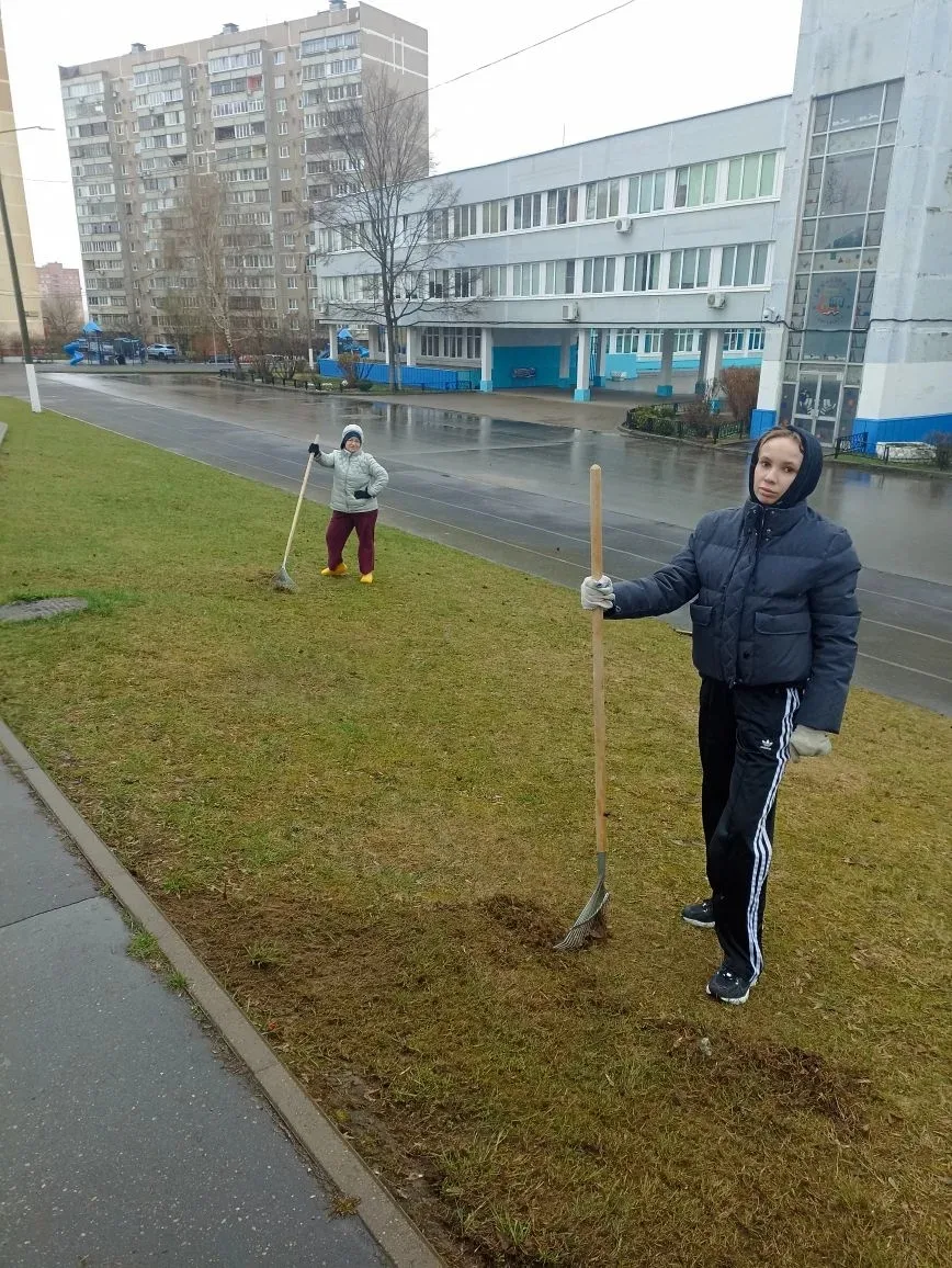 Учителей МОУ гимназии №7 не испугала непогода, все дружно вышли на уборку территории, готовясь к вст