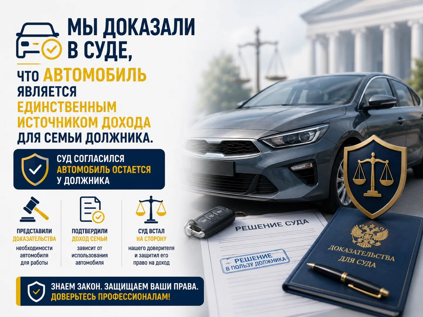 🚘 Мы доказали в суде, что автомобиль является единственным источником дохода для семьи должника

Мн