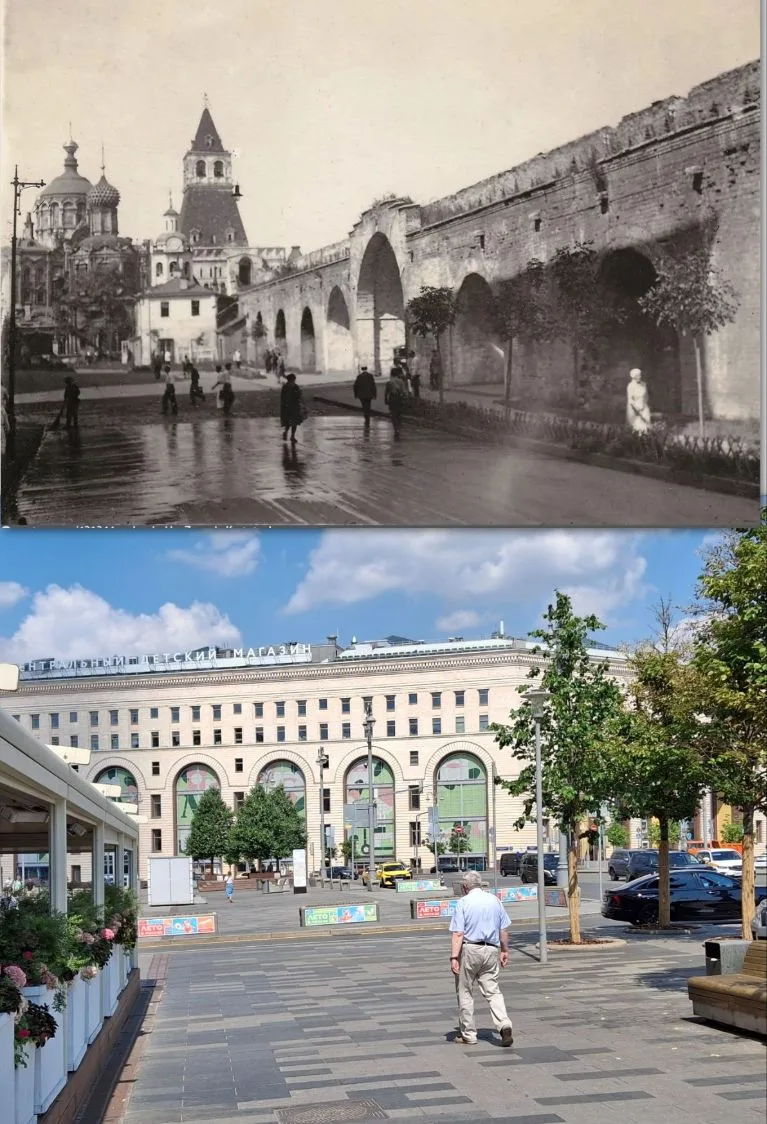 Чёрно-белый кадр сделан 100 лет назад за Китайгородской стеной, у Новых Проломных ворот...