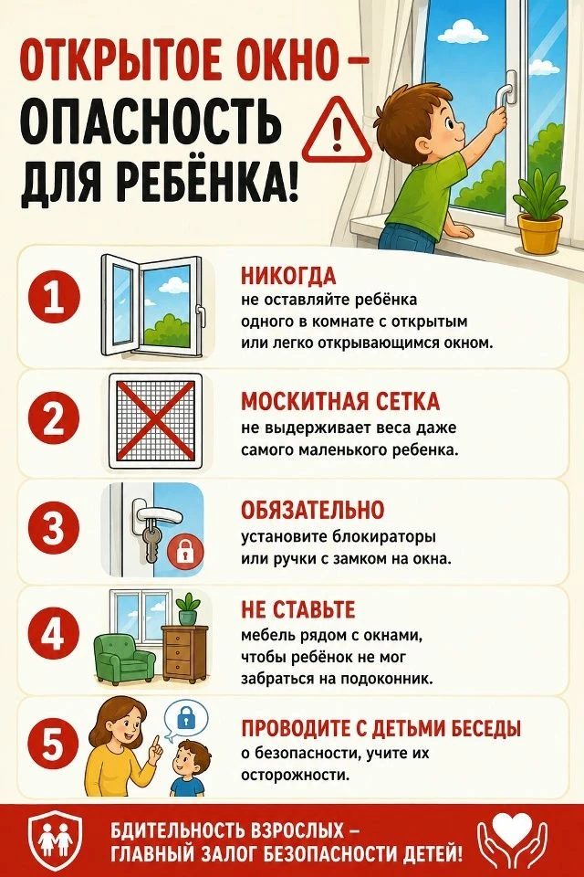 Открытое окно — источник опасности для ребенка!

Напоминаем основные правила безопасности, которые п