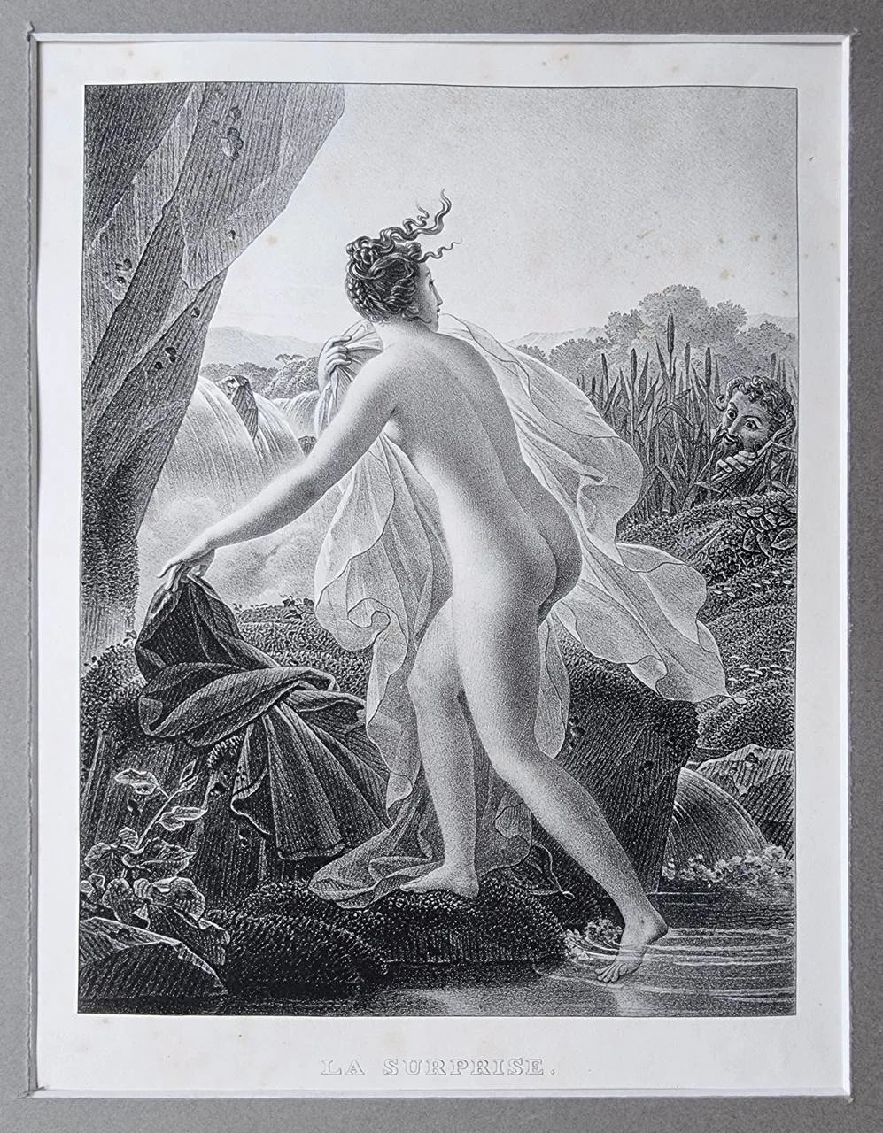Литография первой половины XIX века, озаглавленная La Surprise (Смущённая), представляе...