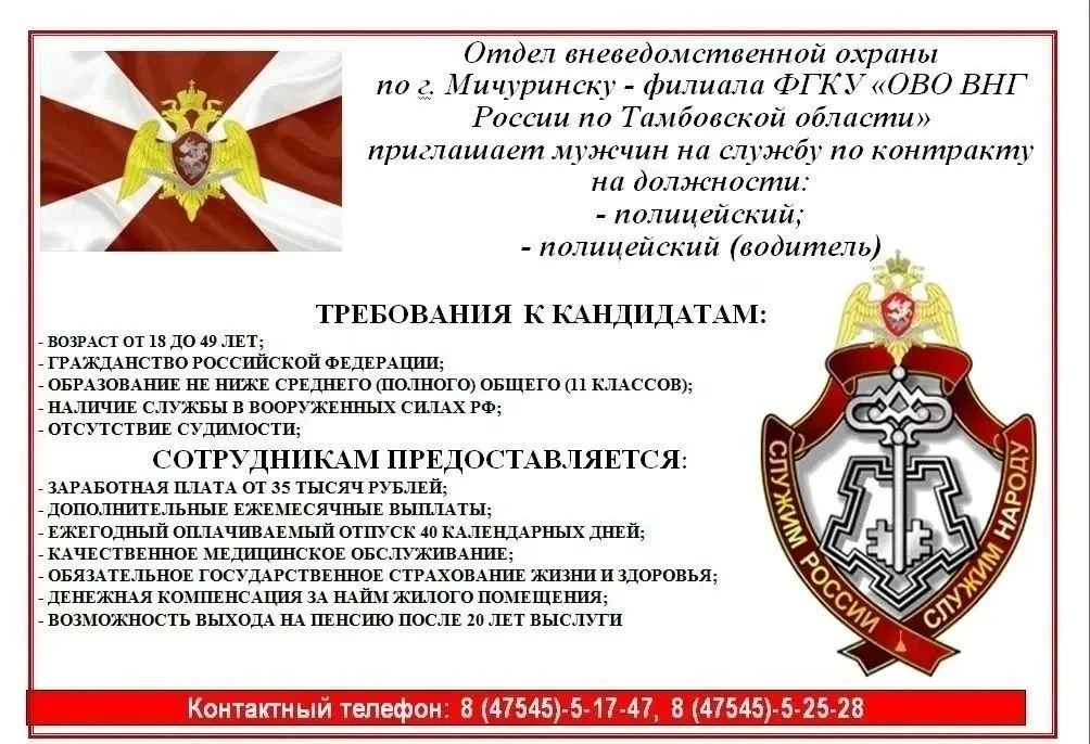 ‼️Для oxраны объeктов различных форм cобcтвенноcти, в Oтдел Pocгвapдии пo г. Mичуpинcку...