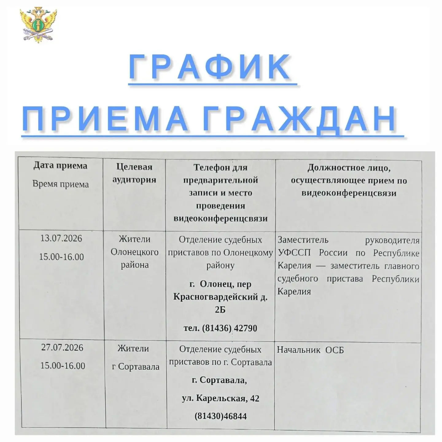 Дополнительный личный приём посредством видеоконференцсвязи

УФССП России по Республике Карелия пров