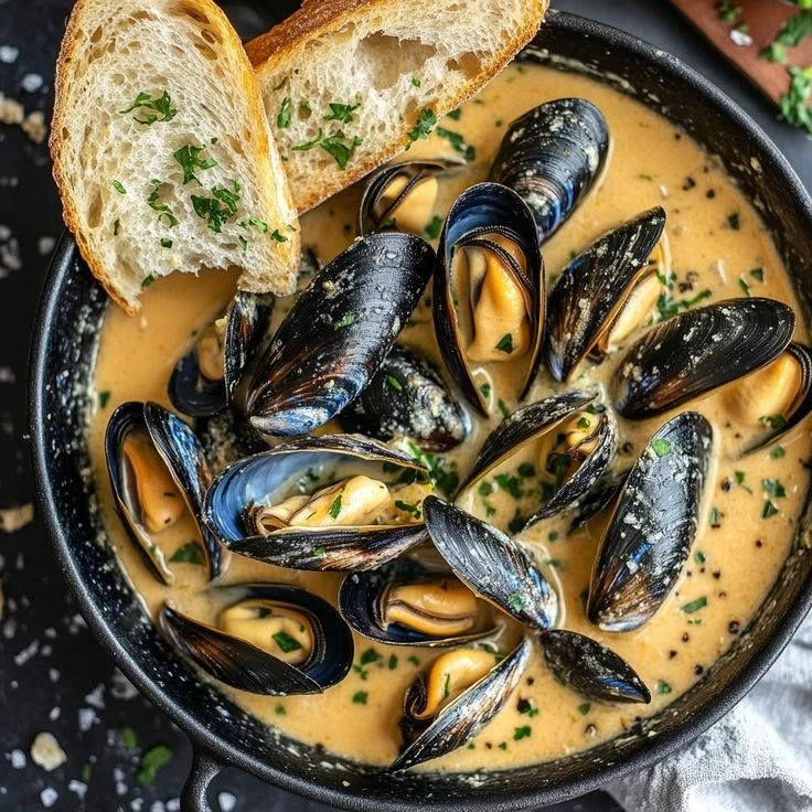 Классические мидии в сливочном соусе (часто подаются как Moules Marinières или в сливоч...