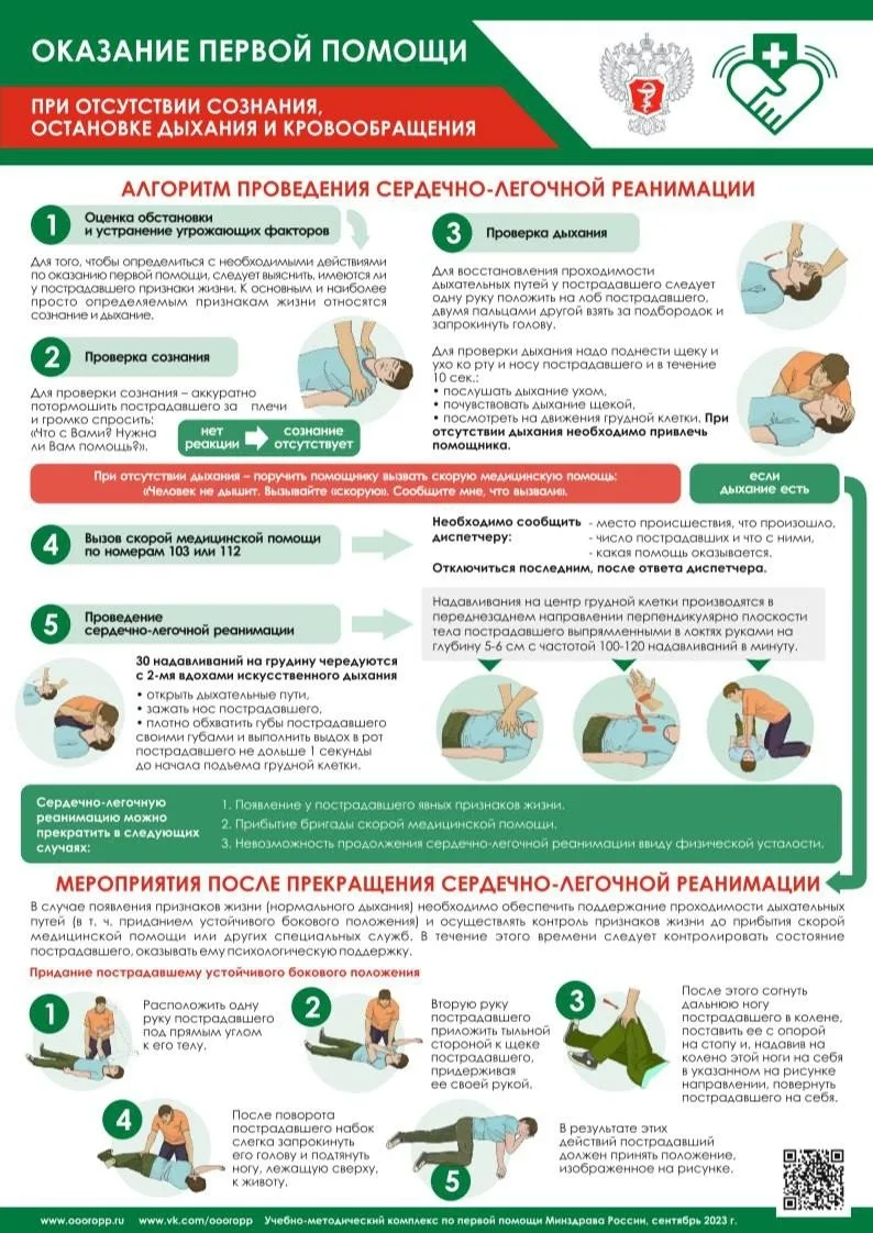 Подробный алгоритм сердечно-легочной реанимации.