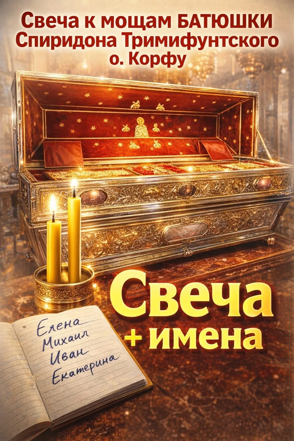 🙏 Свеча к мощам батюшки Спиридона Тримифунтского о. Корфу — напишите «Свеча + имена»