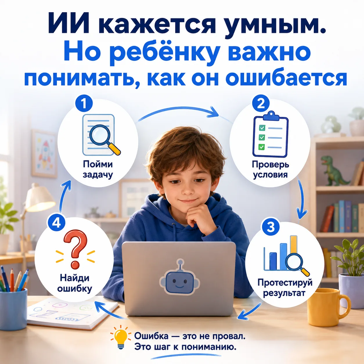 ИИ кажется умным. Но ребёнку важно понимать, как он ошибается 🤖

Искусственный интеллект может быст