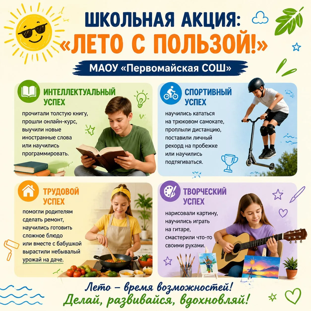 ☀️ШКОЛЬНАЯ АКЦИЯ: «ЛЕТО С ПОЛЬЗОЙ!»

Дорогие ребята, уважаемые родители и педагоги! 

Каникулы — это