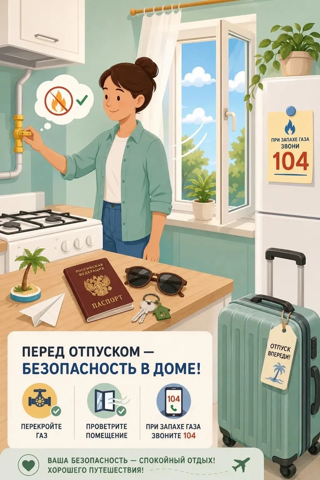 ☀️ Собрались в отпуск? Не забывайте про газ!
Лето — сезон поездок на дачу и отдыха. Чтобы вернуться 