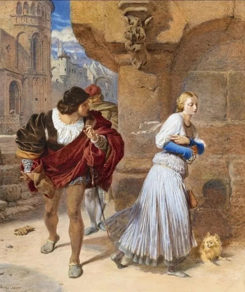 На акварели Фредерика Бёртона «Первый взгляд Фауста на Маргариту» (1857) изображён момент, который с