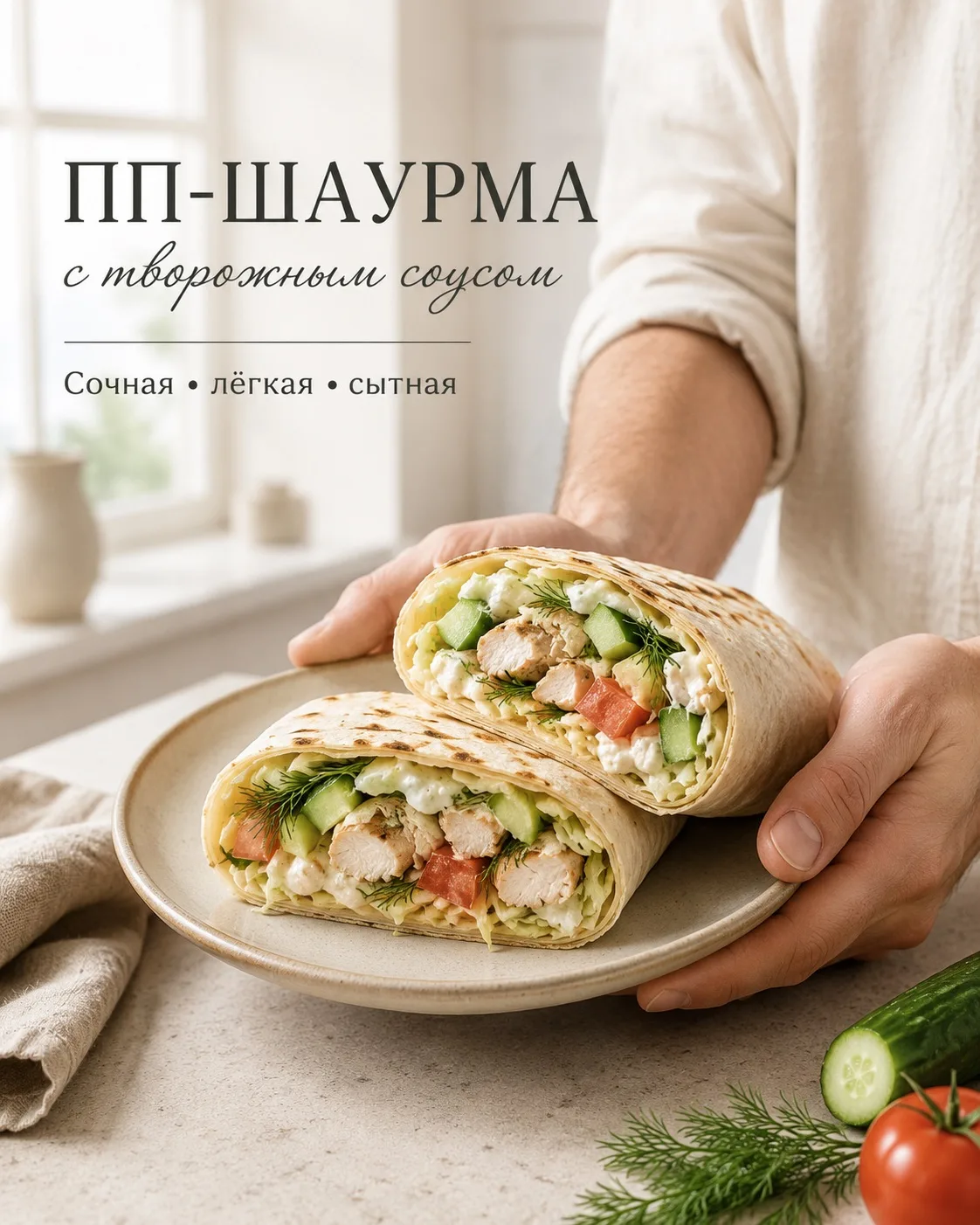 🌯 ПП-шаурма с творожным соусом

Сочная, лёгкая и сытная шаурма без майонеза и тяжёлого соуса.
Внутр