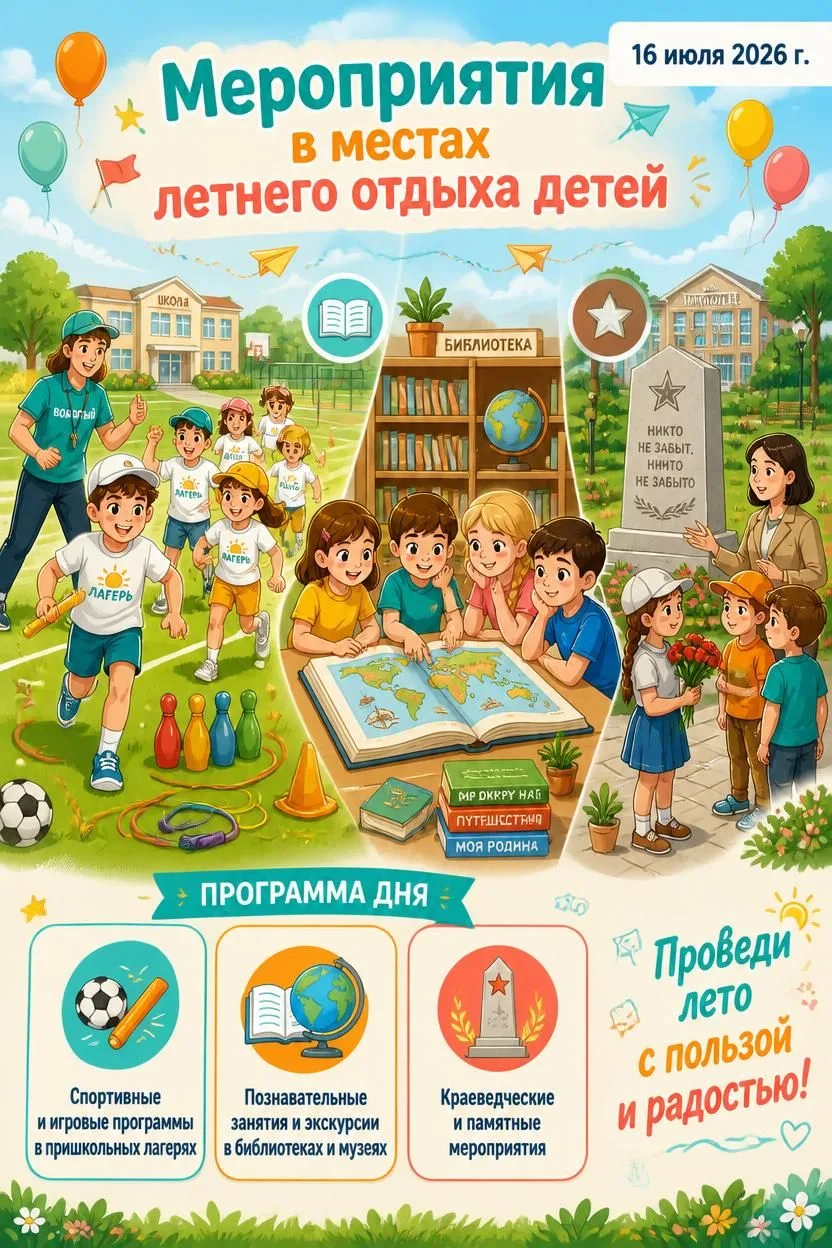 💥Афиша мероприятий в местах летнего отдыха детей на 16 июля 2026 года💥