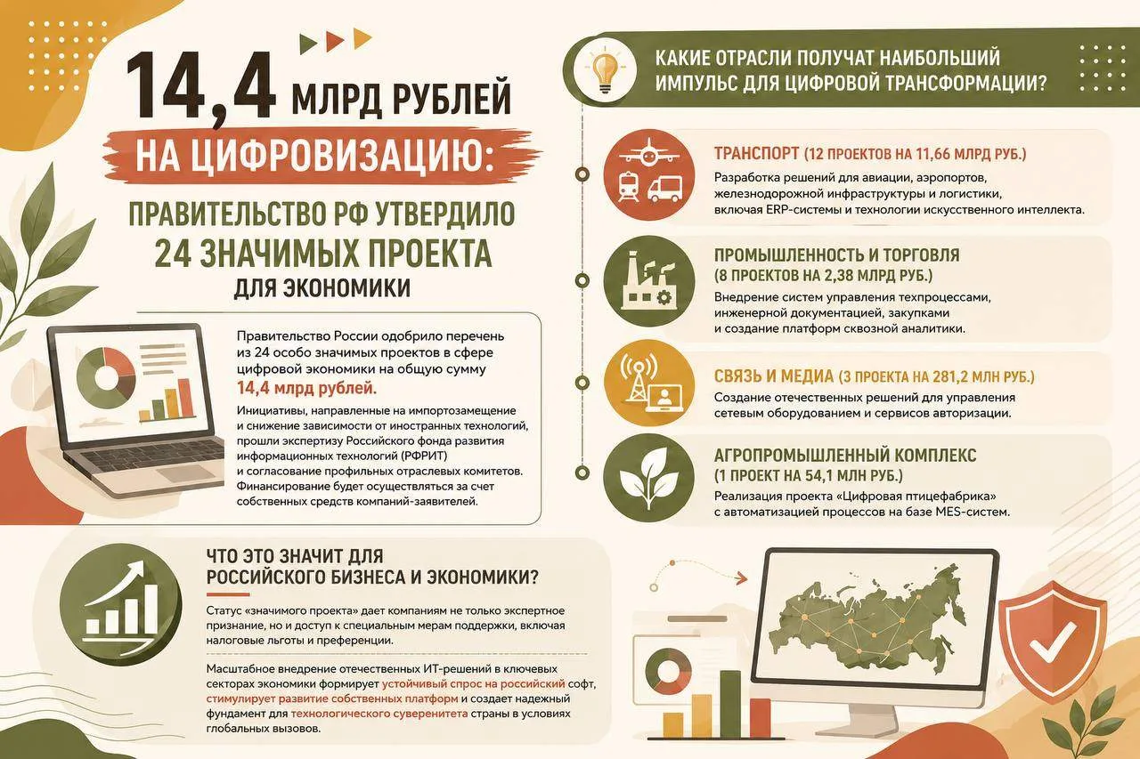 💻 14,4 млрд рублей на цифровизацию: Правительство РФ утвердило 24 значимых проекта для...