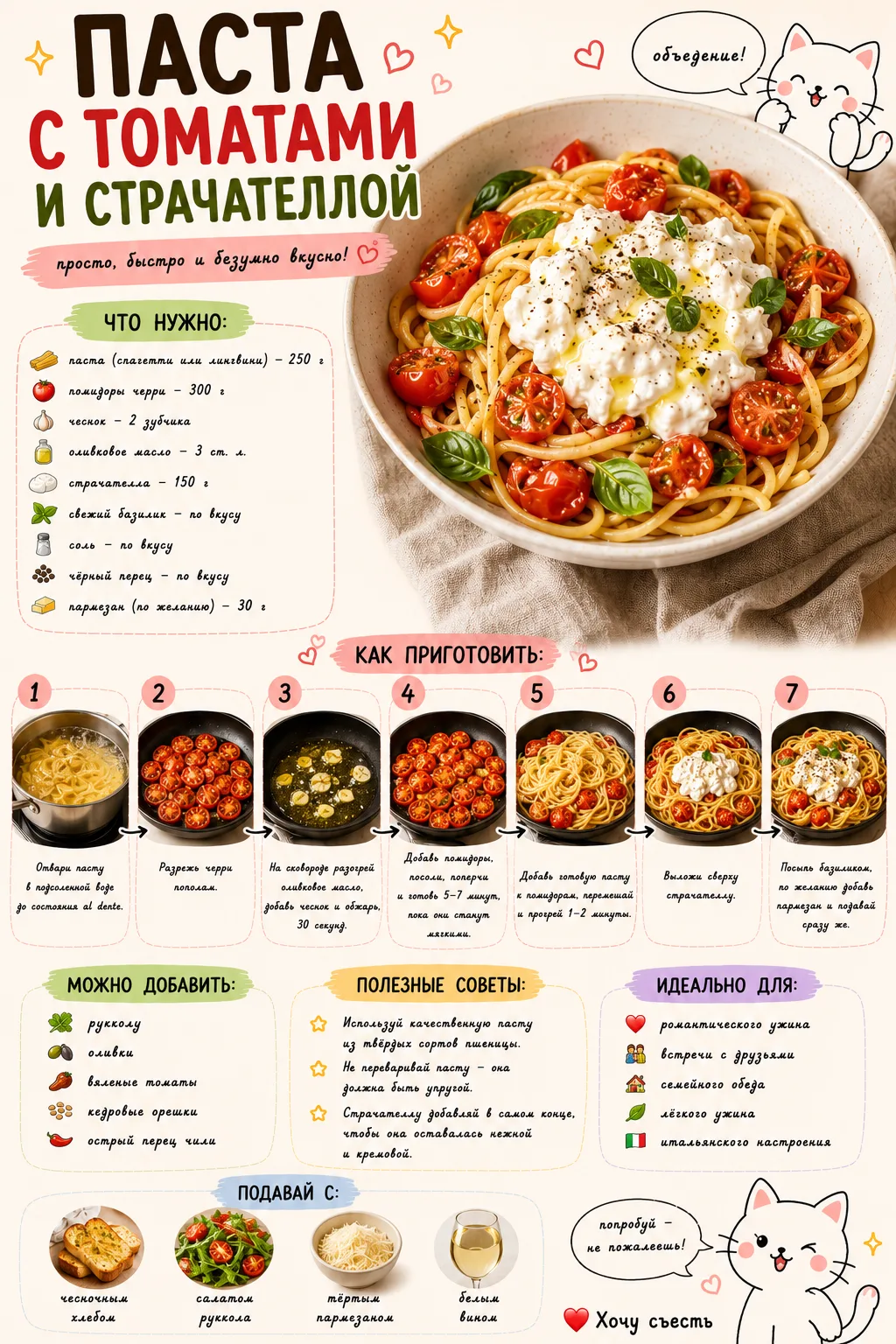 🍝 ПАСТА С ТОМАТАМИ И СТРАЧАТЕЛЛОЙ