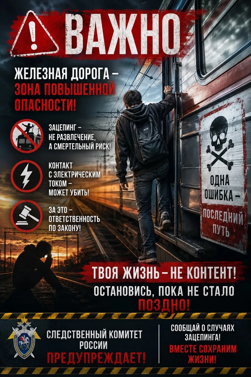 🚨 ВАЖНО 🚨
 
Следственный комитет России напоминает, что железная дорога – зона повышенной опасност