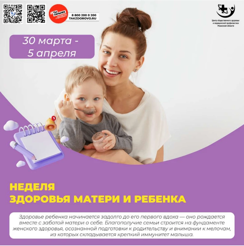 Неделя с 30 марта по 5 апреля 2026 года посвящена здоровью матери и ребенка (в честь Дн...