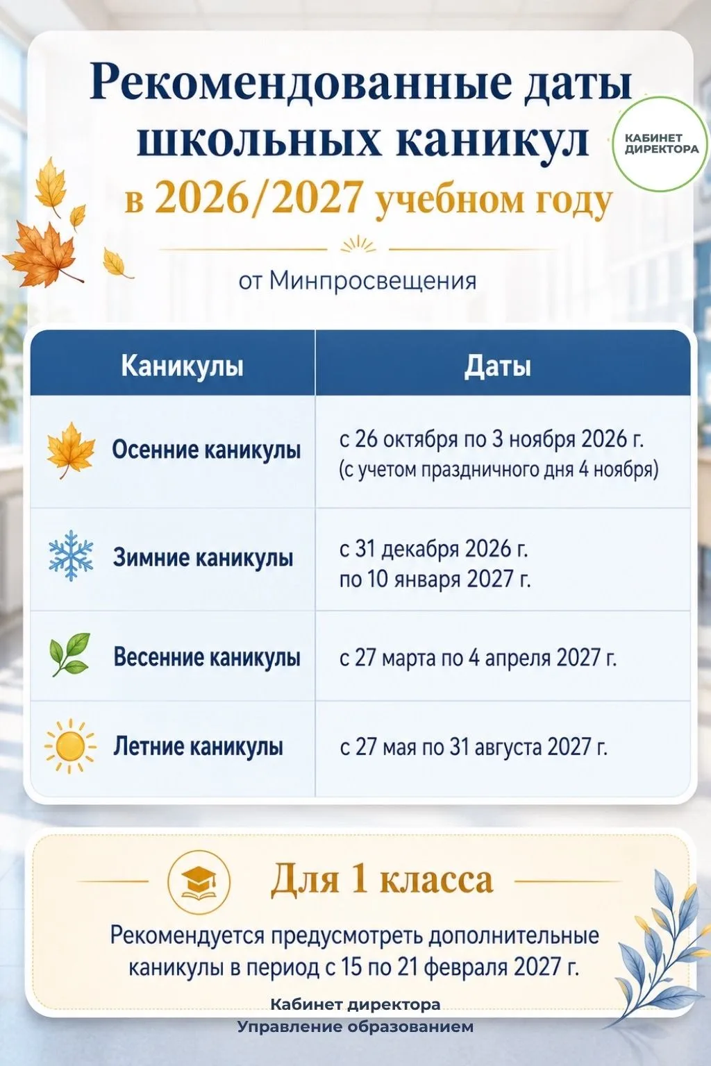 Рекомендованные даты школьных каникул в 2026/2027 учебном году 
На основе письма Минпросвещения Росс