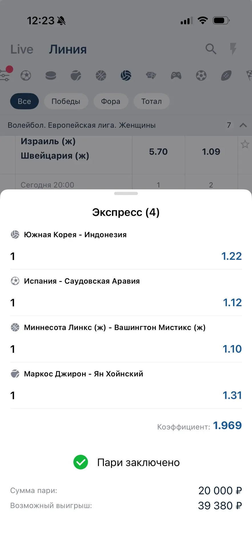 Попанопресс на сегодня!💪🏻

Футбол, баскетбол, теннис и волейбол. 

Коэффициент: 1.96!✅