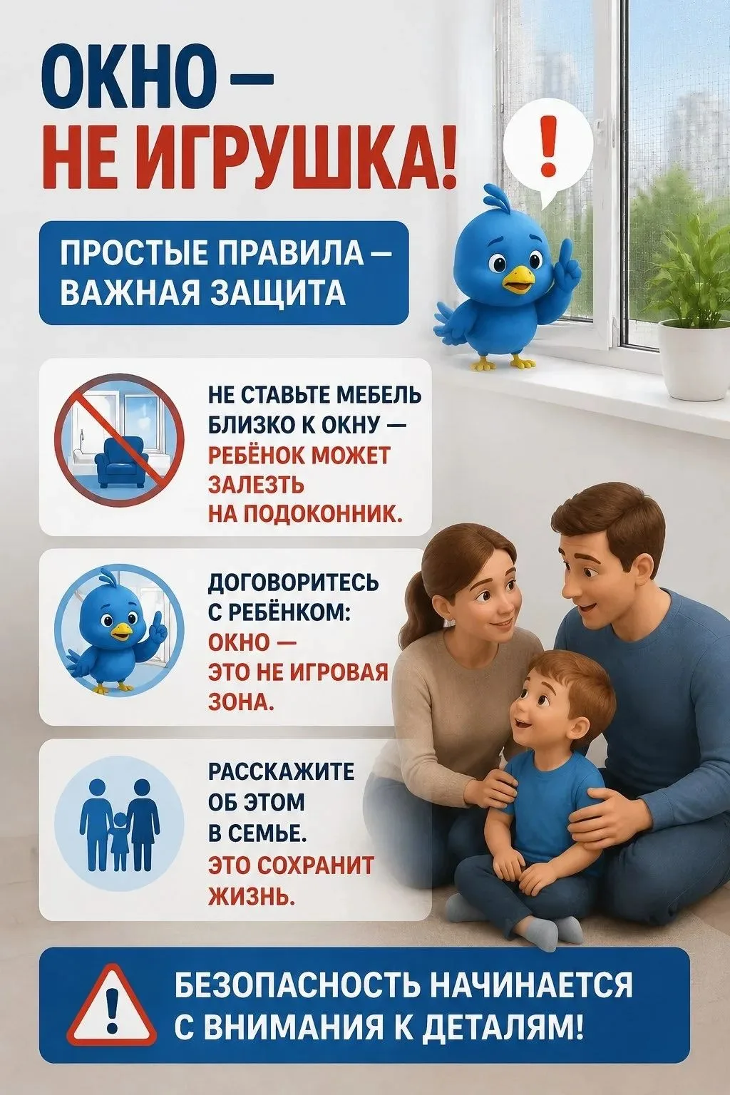 Всем привет, это Синяя Птица! 
Хочу напомнить про безопасность у окон: москитные сетки не выдержат в