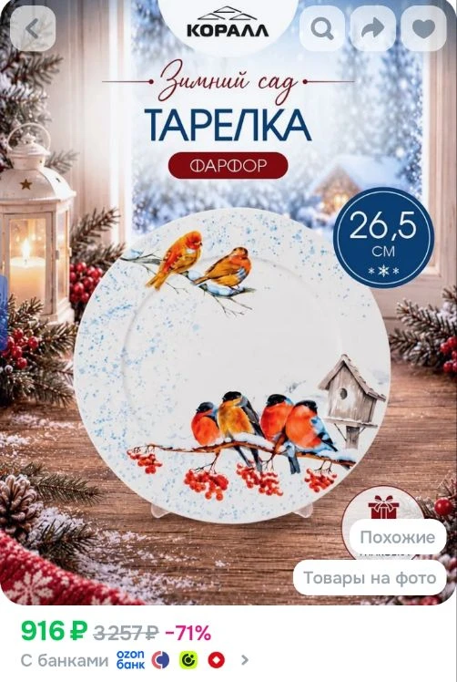 Тарелка обеденная фарфор 26,5 см., в подарочной упаковке "Зимний сад" Коралл