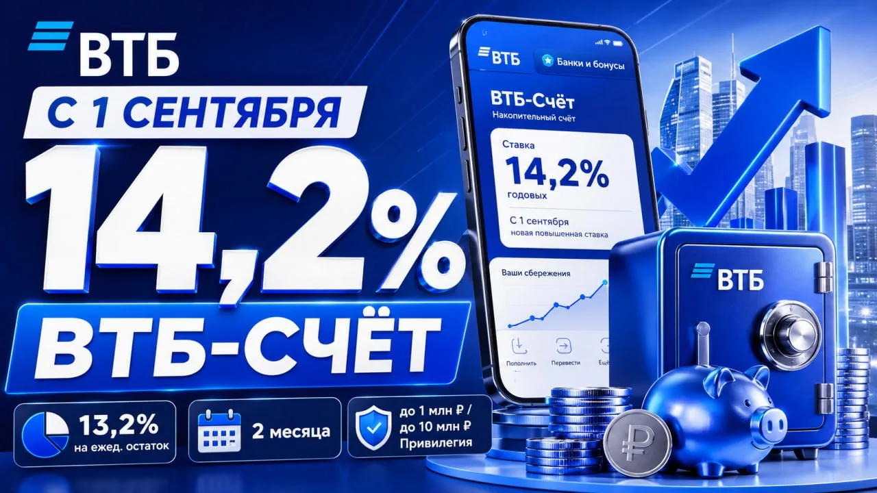 ✌️ ВТБ повышает приветственную ставку по ВТБ-Счёту до 14,2%