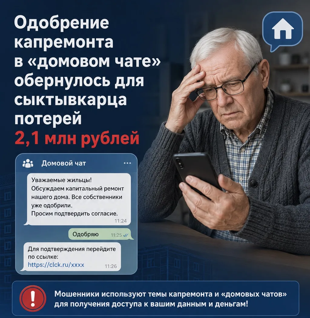 Одобрение капремонта в «домовом чате» обернулось для сыктывкарца потерей 2,1 млн рублей

📝В дежурну