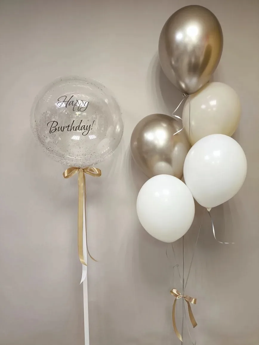 🎈Шар Баблс 45 см с индивидуальной надписью,  конфетти и бантиком
🎈Шары Хром 2 шт
🎈Шары пастель 3 