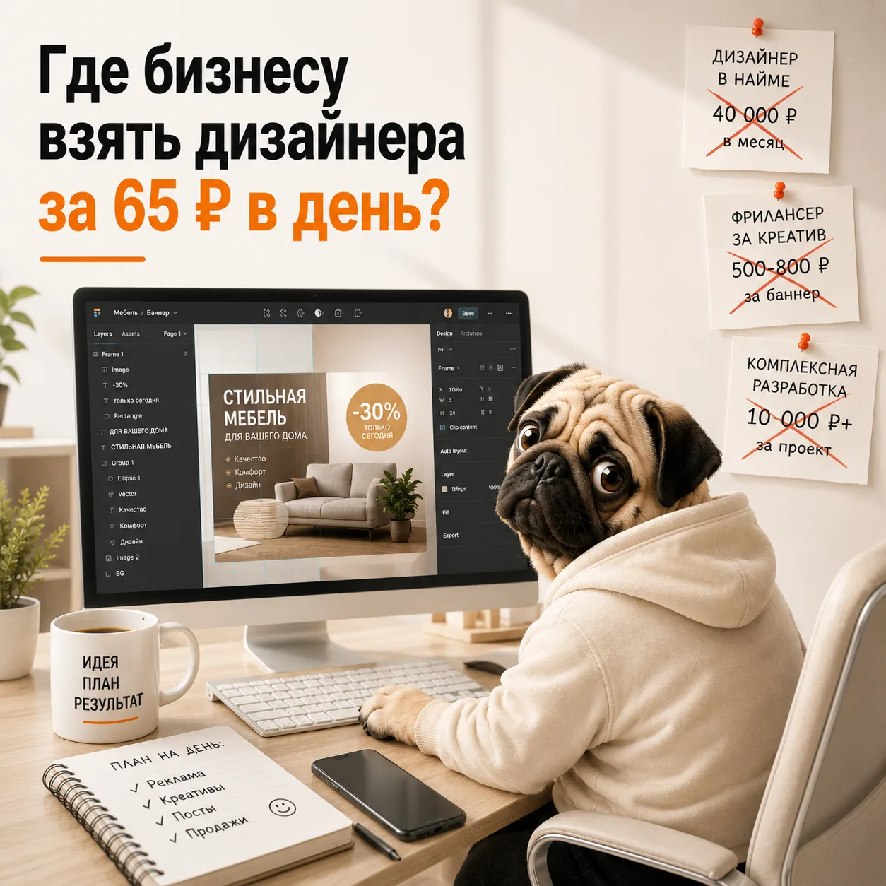 Где бизнесу взять дизайнера за 65 рублей в день?

Пообщался вчера с двумя дизами, которые специализи