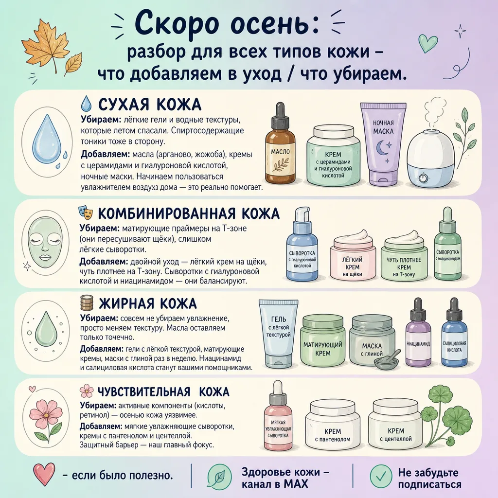 🍂 Скоро осень: разбор для всех типов кожи - что добавляем в уход / что убираем.