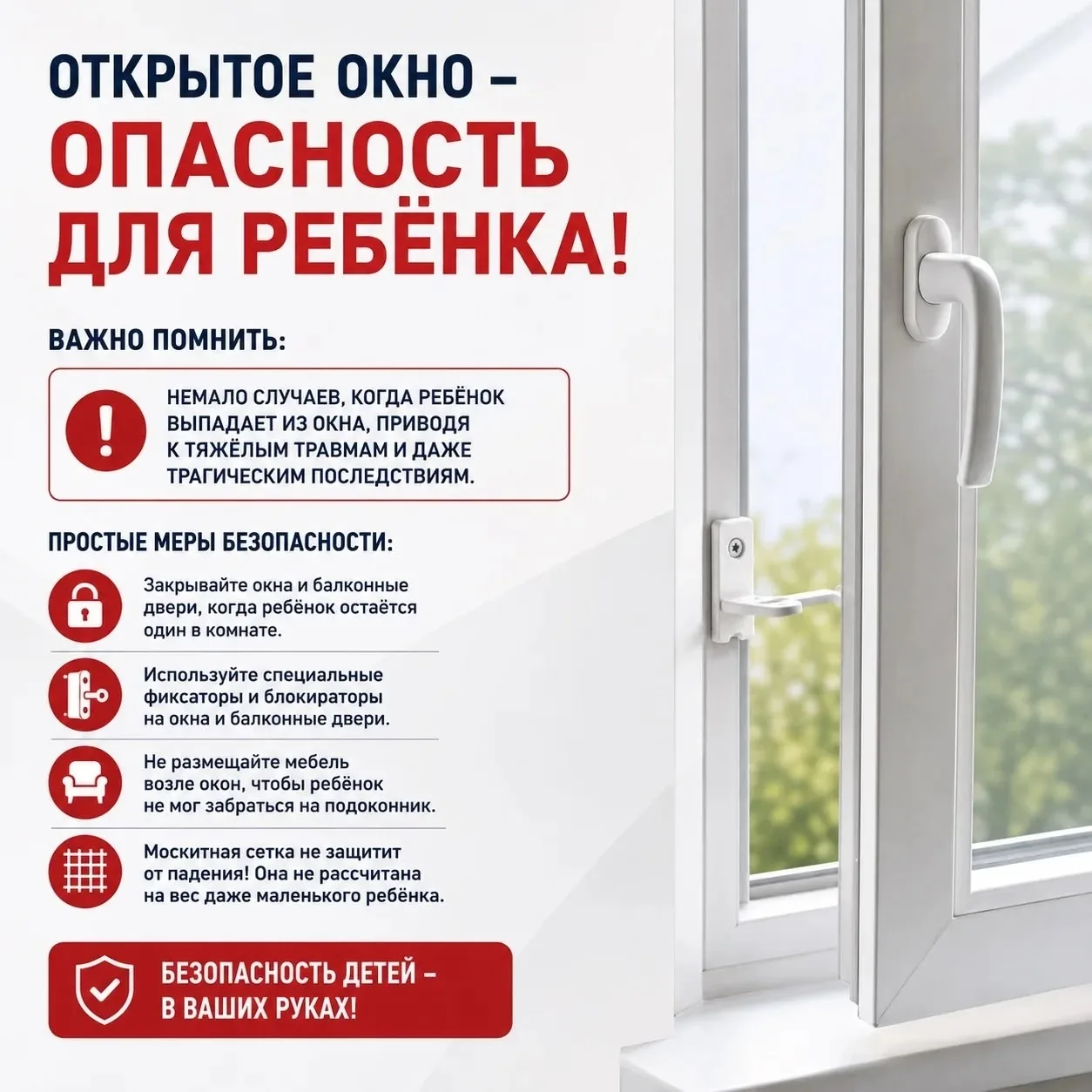 ⚠️ Напоминаем о важности соблюдения правил безопасности возле окон.

❗ Не садитесь на подоконники.
❗