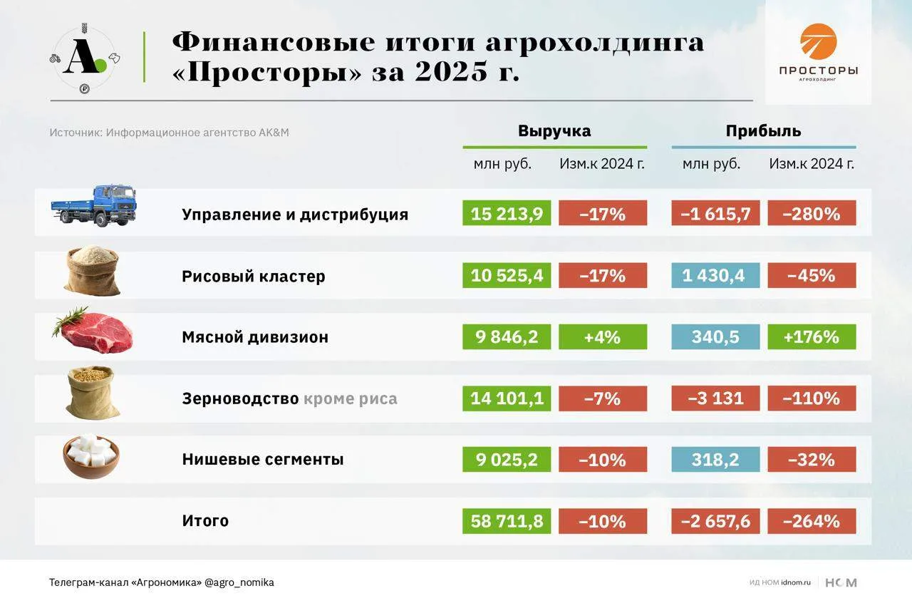 Агрохолдинг «Просторы» получил рекордный убыток в 2,6 млрд руб. в 2025 году при снижени...