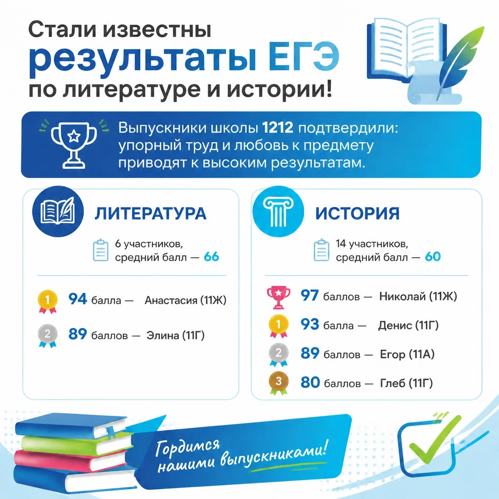 🌟 Стали известны результаты ЕГЭ по литературе и истории! 

Выпускники школы 1212 подтвердили: упорн
