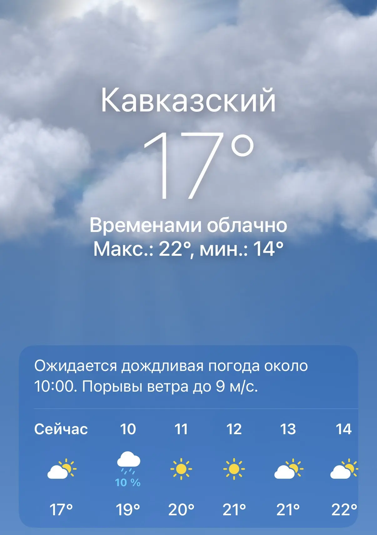Сегодня в Прикубанском районе ожидается переменная облачность. Температура воздуха днём составит до 