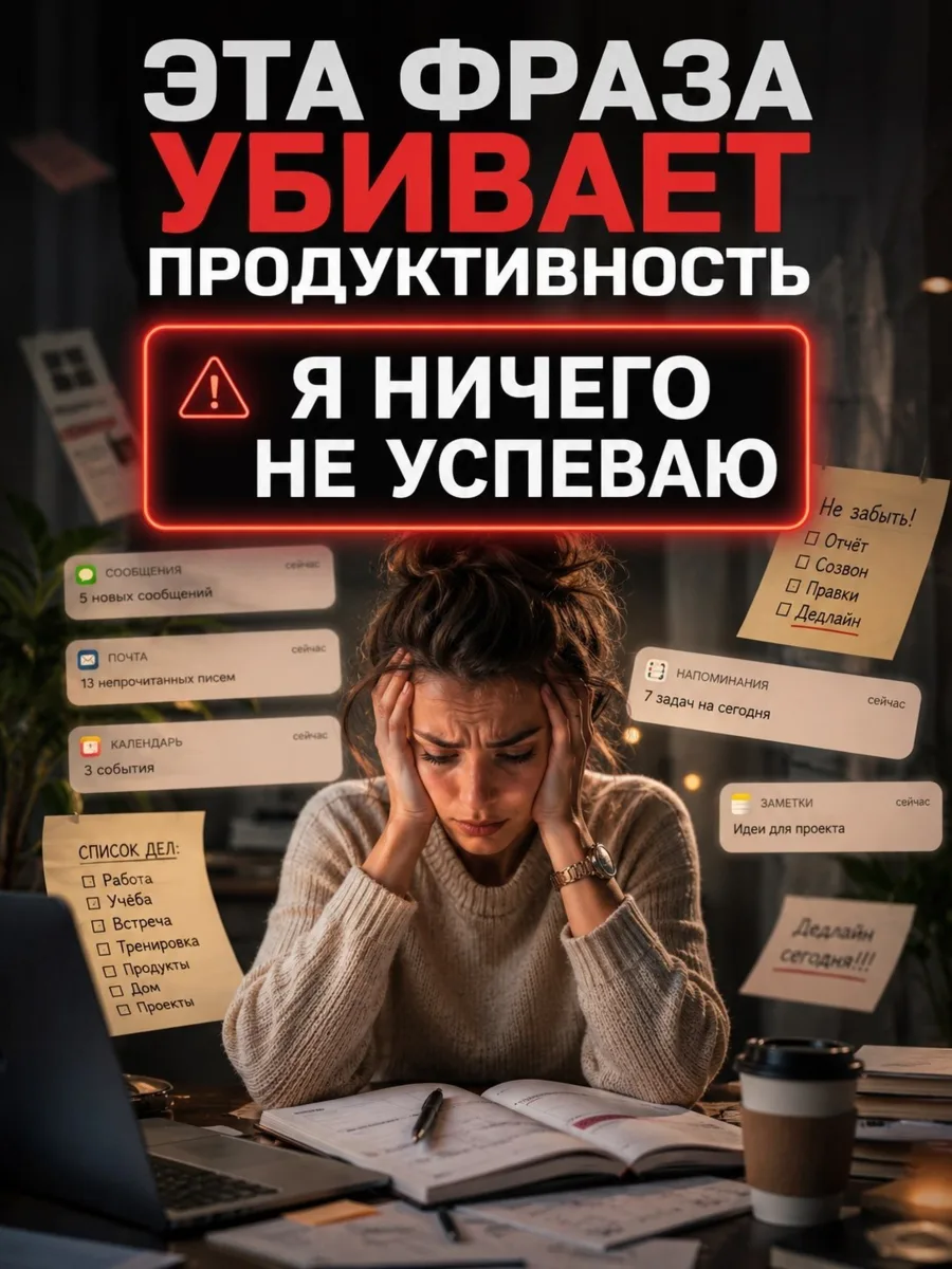 ❌ «Я никогда ничего не успеваю»

Одна простая фраза, которую многие повторяют каждый день.

Проб