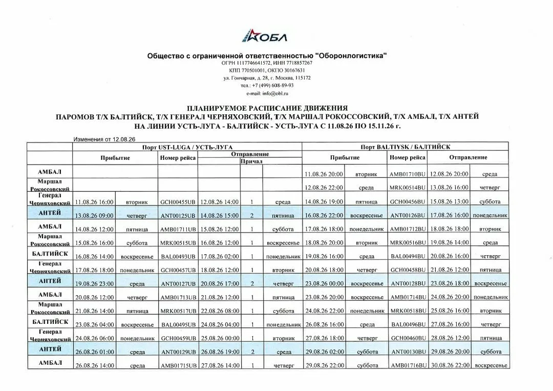 Расписание паромов, работающих  на линии "Усть-Луга  - Балтийск" с 12.08.2026.