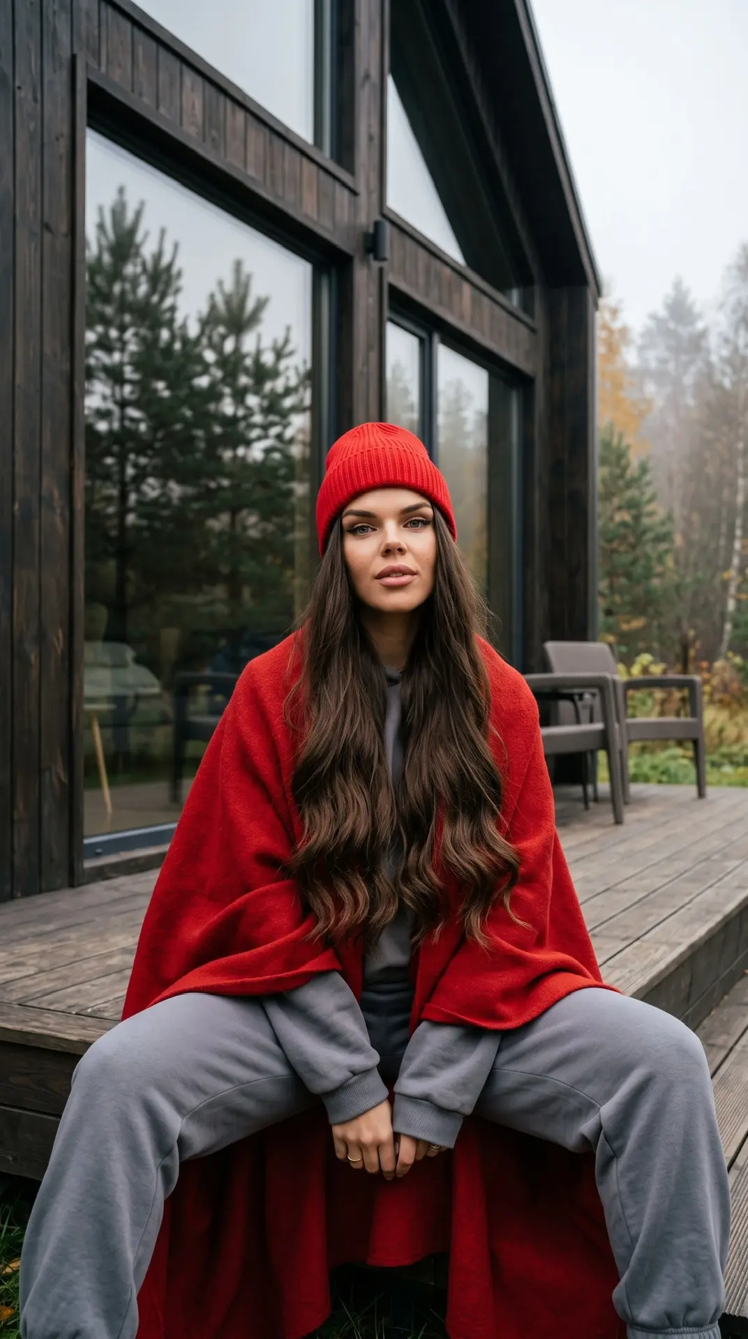 Ультрареалистичная атмосферная lifestyle-фотография на улице возле современного загород...
