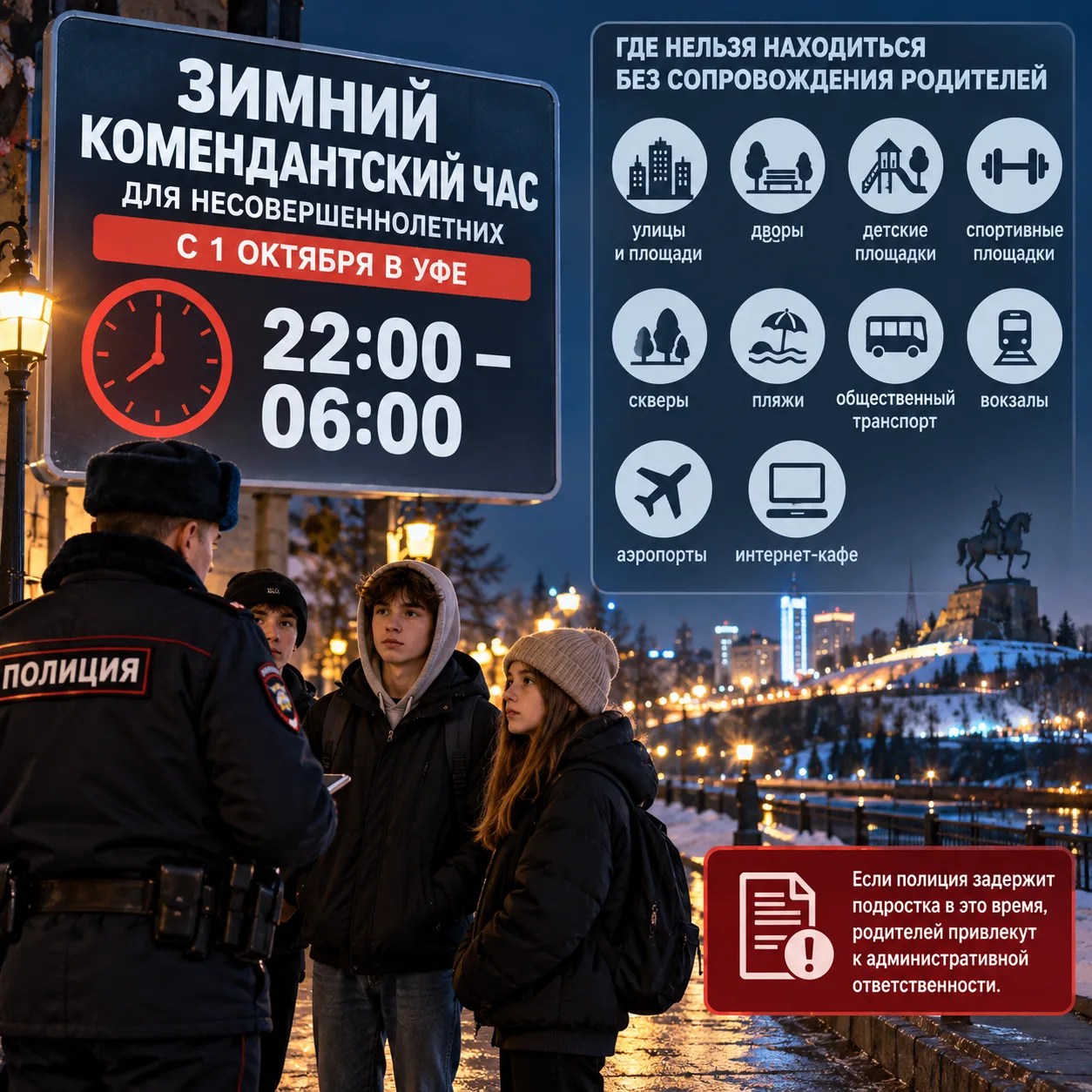 С 1 октября в Уфе вводится зимний комендантский час для несовершеннолетних. С 22:00 до ...