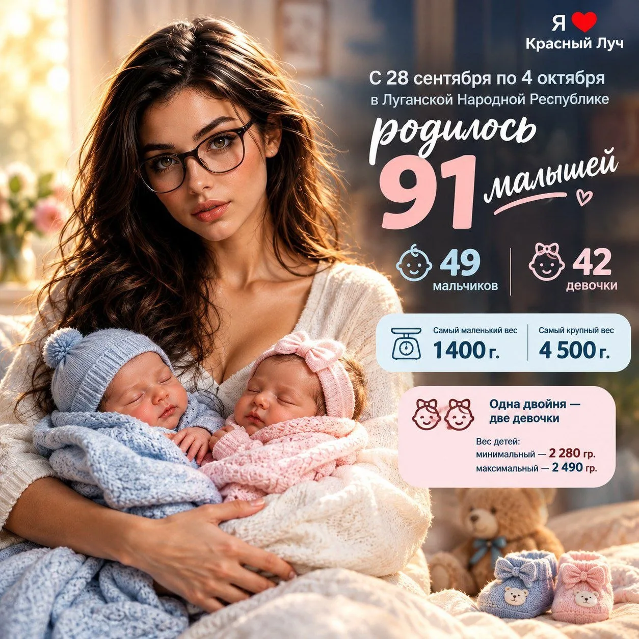 С 28 сентября по 4 октября в Луганской Народной Республике родилось 91 малышей — 49 мал...