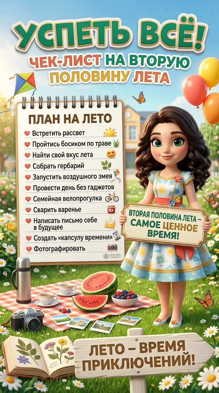 Успеть всё: чек-лист на вторую половину лета для детей и родителей.
Лето перевалило за экватор! Дни 